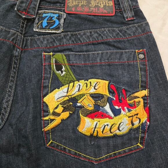Vtg Pepe Jeans Mens Size 36x33 HTF Skull Live Free Dark Wash Y2K Hip-Hop - Picture 12 of 15